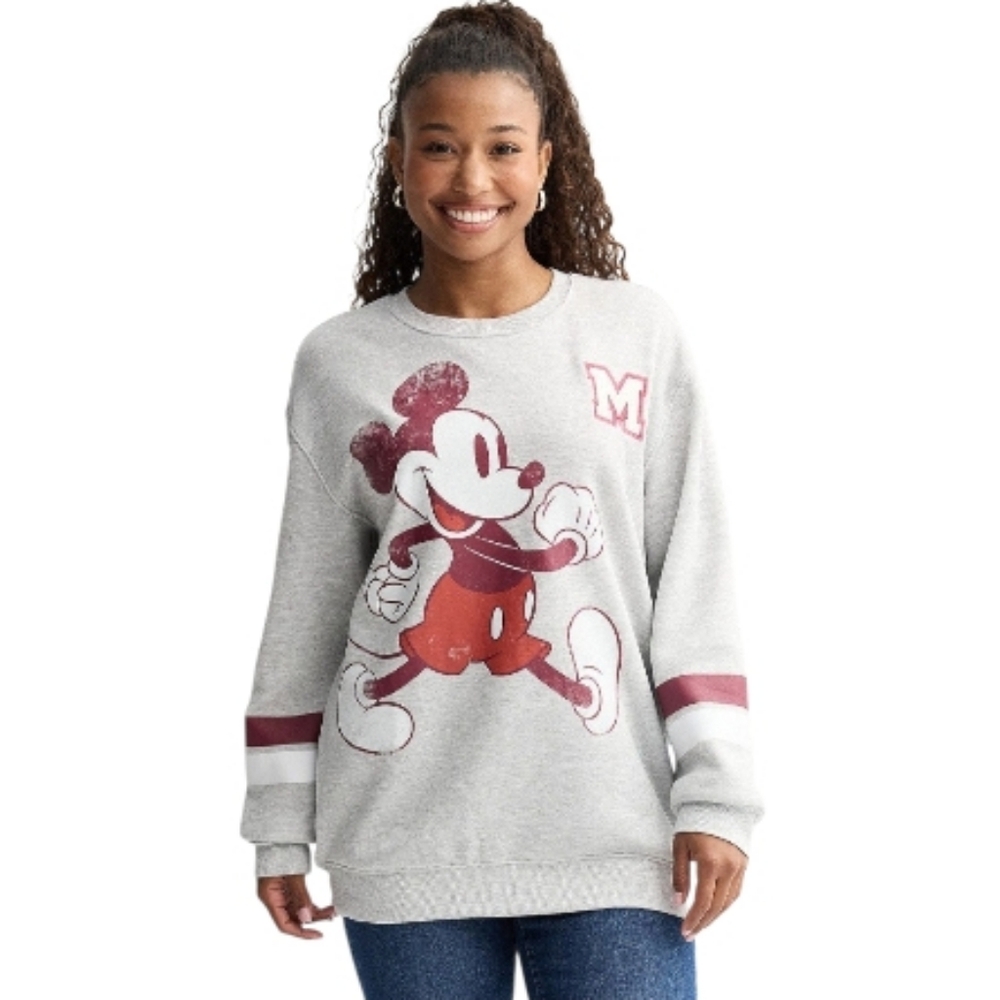 Disney Mickey Mouse Varsity Crewneck Sweater Gray Maroon Juniors NWT Size Small‎